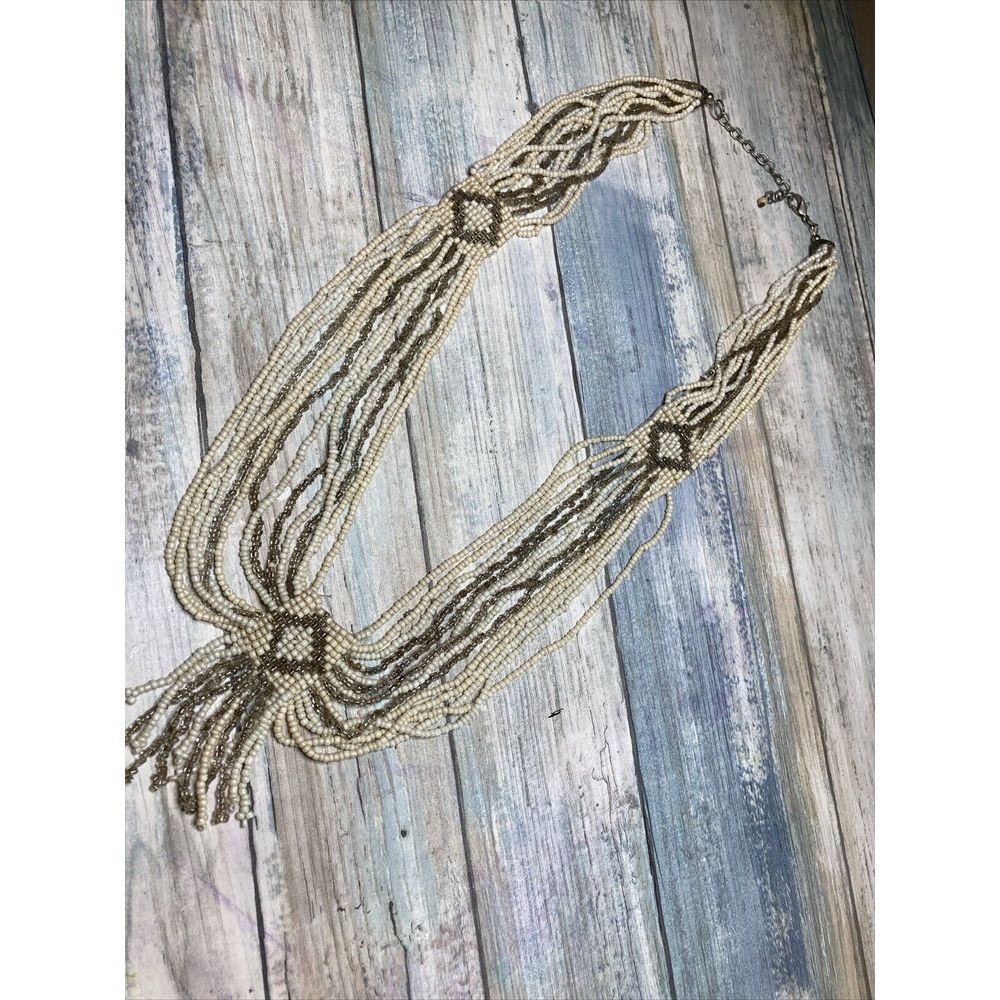 Multi-Strand Seed Bead Necklace Cream Neutral Colors 24